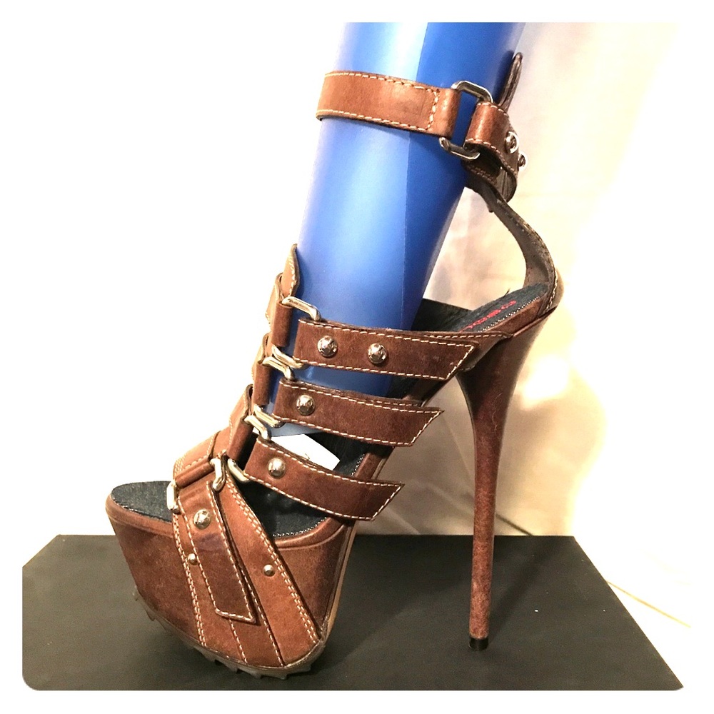 Designer DSquared2 Brown Ankle Strap Leather Heels
